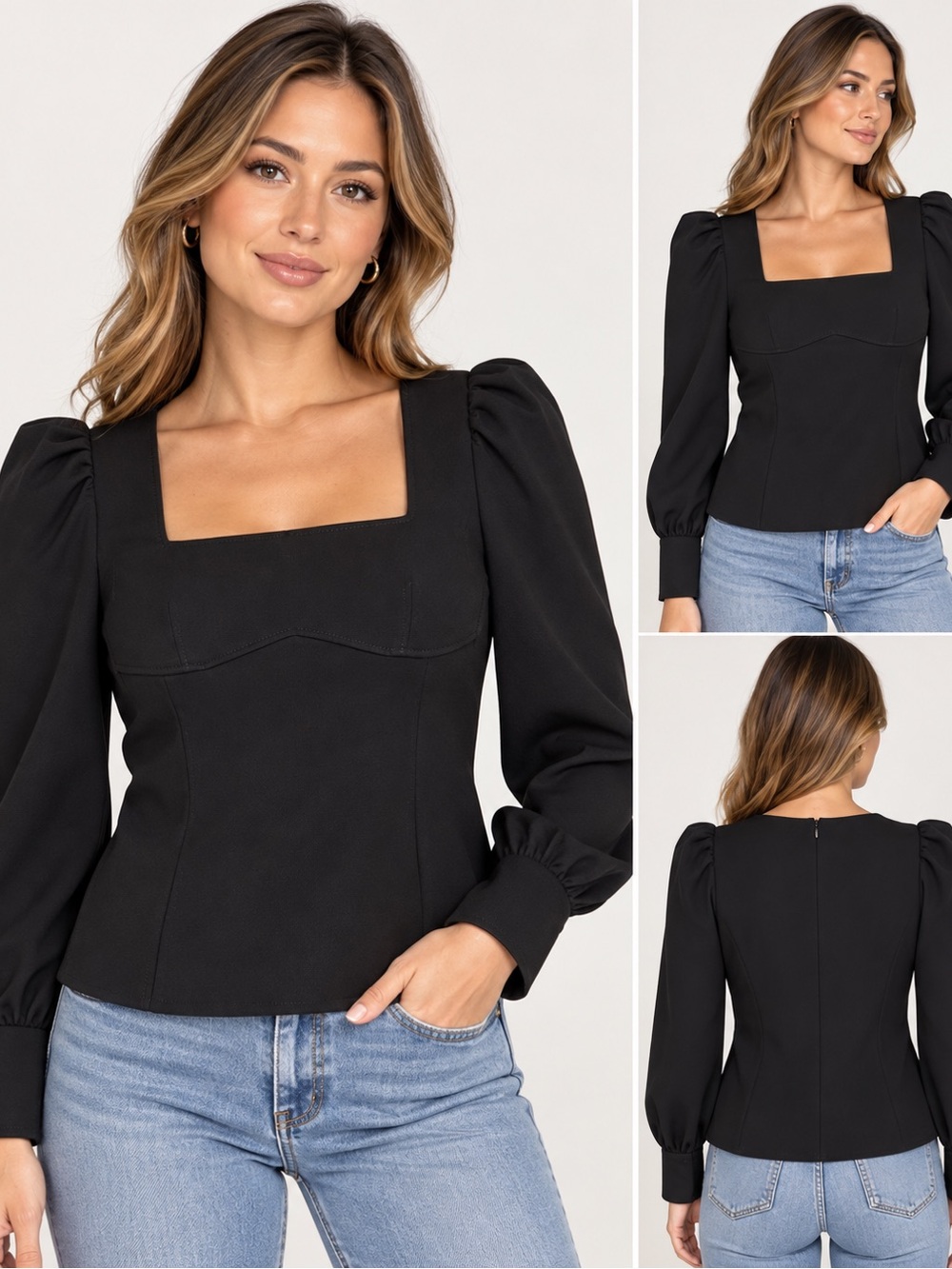 NWT Zara Black Square Neck Puff Sleeve Blouse size medium